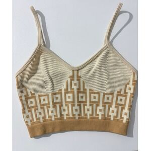 Julia by Love J Crop Top Cami Tan Cream Geometric Greek Key Knit Womens S/M